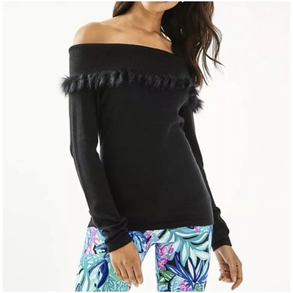 NWT Lilly Pulitzer Alira Knit Sweater Top M Black Off the Shoulder Faux Fur Trim